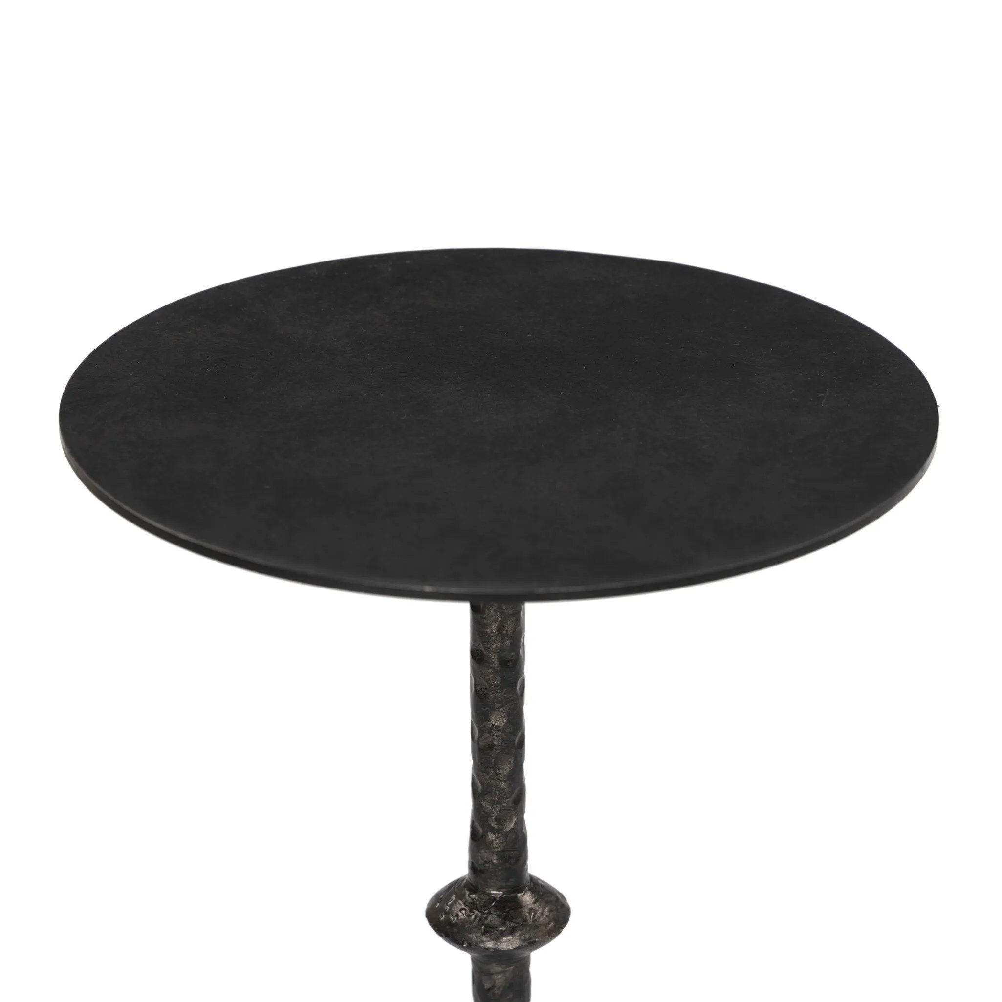 Formed from cast metal with a textured black finish, with turning details on the post for visual interest. Three curved legs are inspired by classic antique metal tables.Collection: Marlo Amethyst Home provides interior design, new home construction design consulting, vintage area rugs, and lighting in the Calabasas metro area.