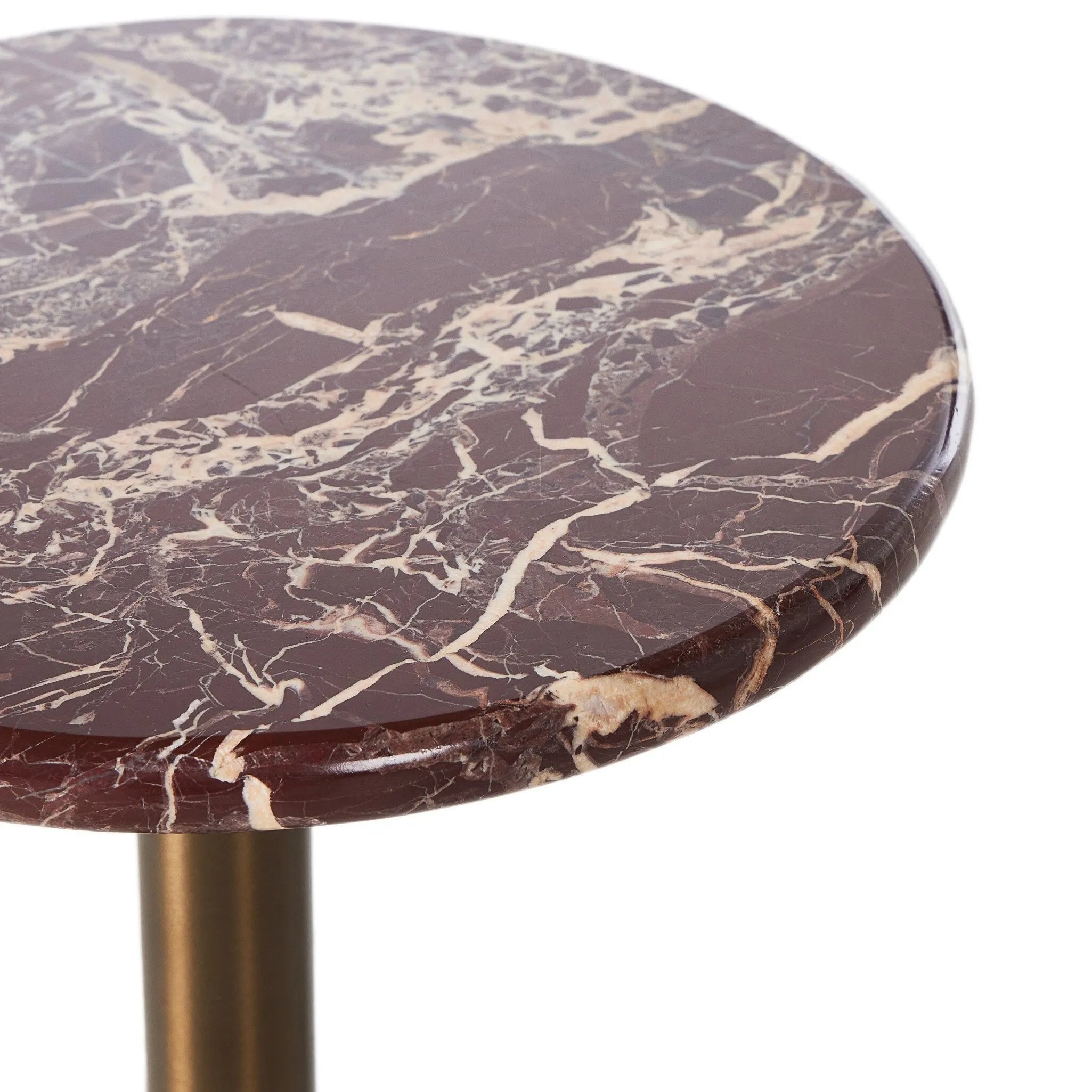 Stacked channels of heavy character marble ensure this end table stands out as a statement piece. At a convenient drink table size, it is complemented by a dark brass metal finish for a striking contrast.Collection: Marlo Amethyst Home provides interior design, new home construction design consulting, vintage area rugs, and lighting in the Portland metro area.