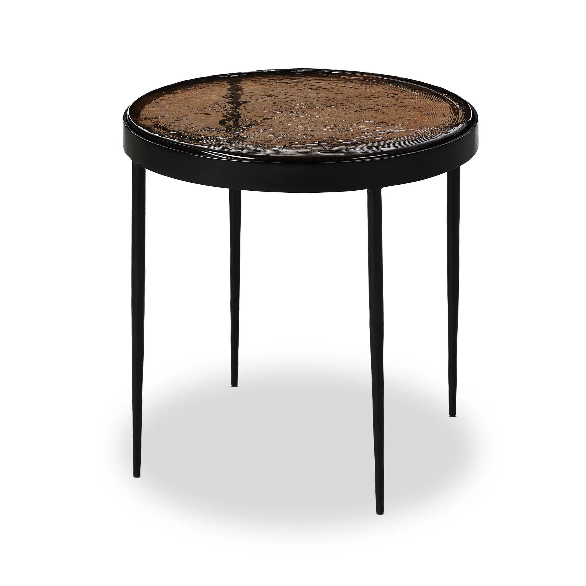 Smoky brown glass-topped table with slim, tapered matte black metal frames for a sleek, modern look. Part of a nesting set, can be used alone or paired with its larger counterpart.Collection: Marlo Amethyst Home provides interior design, new home construction design consulting, vintage area rugs, and lighting in the Alpharetta metro area.