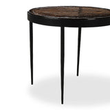 Smoky brown glass-topped table with slim, tapered matte black metal frames for a sleek, modern look. Part of a nesting set, can be used alone or paired with its larger counterpart.Collection: Marlo Amethyst Home provides interior design, new home construction design consulting, vintage area rugs, and lighting in the Seattle metro area.