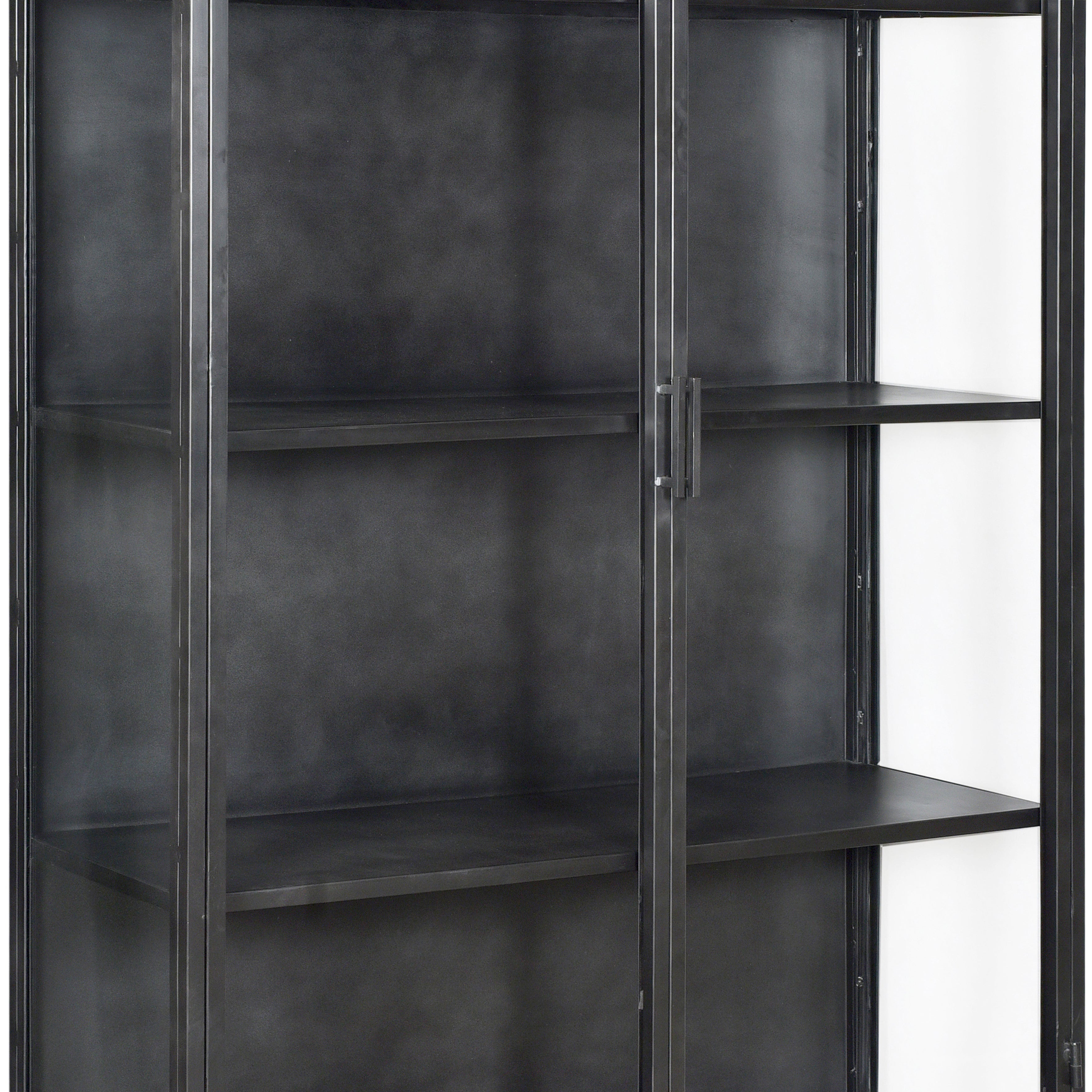 With a touch of vintage industrial style and personality, this 78” tall cabinet will add flair to your home. Designed on a brushed gunmetal, iron frame with glass doors and side panels that give view to four shelf spaces. Amethyst Home provides interior design, new home construction design consulting, vintage area rugs, and lighting in the Tampa metro area.