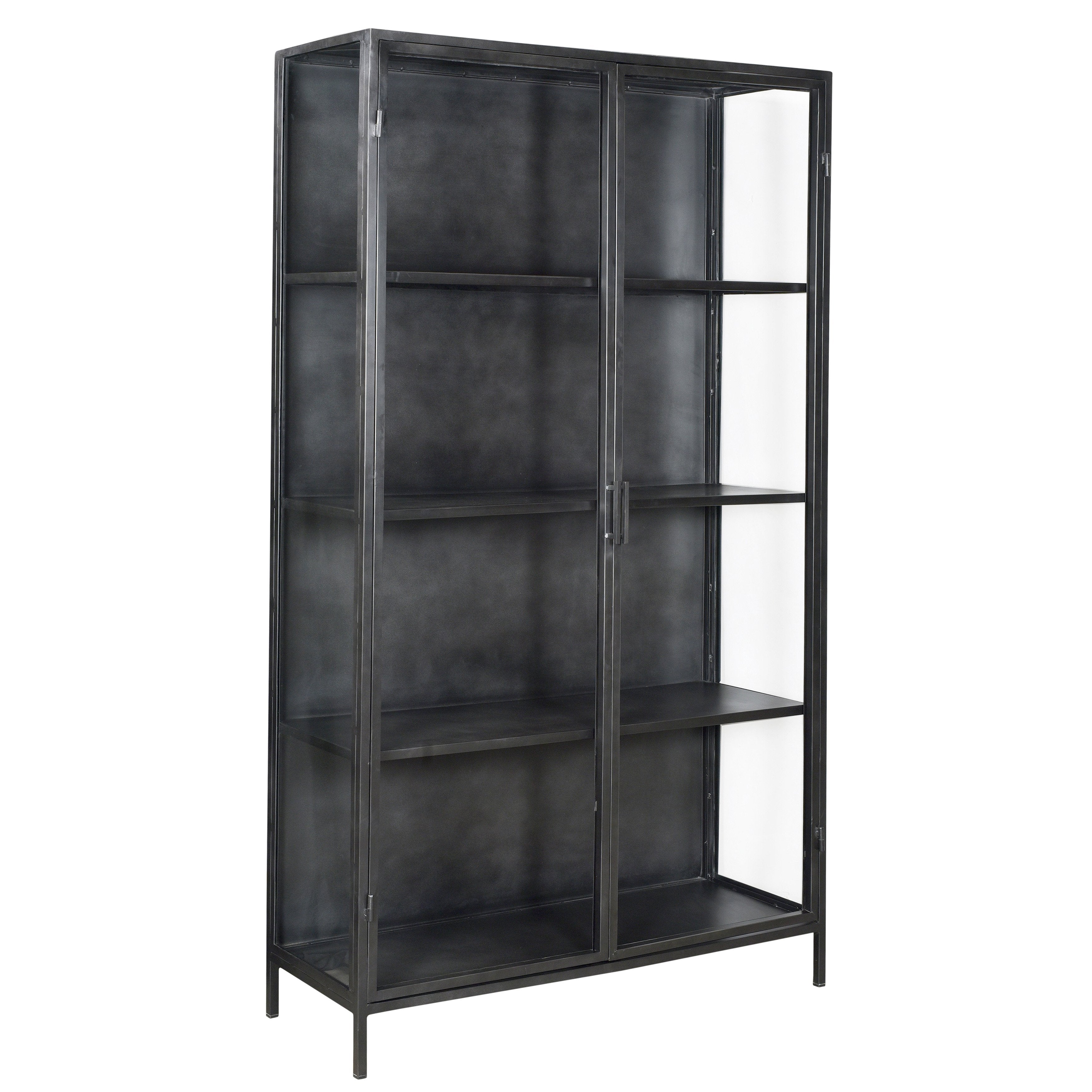 With a touch of vintage industrial style and personality, this 78” tall cabinet will add flair to your home. Designed on a brushed gunmetal, iron frame with glass doors and side panels that give view to four shelf spaces. Amethyst Home provides interior design, new home construction design consulting, vintage area rugs, and lighting in the Winter Garden metro area.