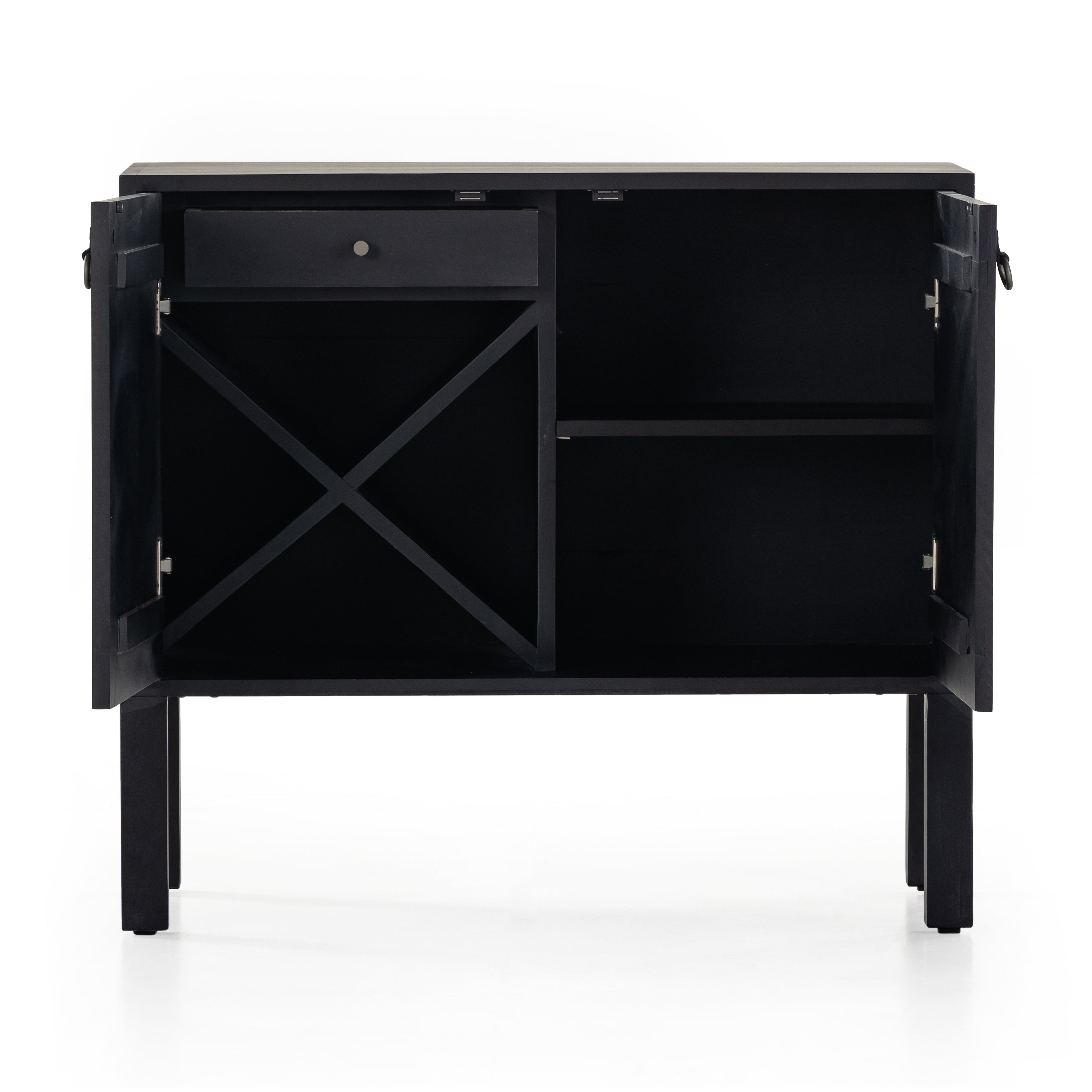 Beautifully simple in spirit. Black-washed solid poplar forms a Parsons-style bar cabinet, with iron and leather hardware for a material-driven update to Shaker-inspired styling. Inside, dual drawers plus generous bottle storage await drink go-tos and bar accessories. Amethyst Home provides interior design, new construction, custom furniture, and area rugs in the Tampa metro area.