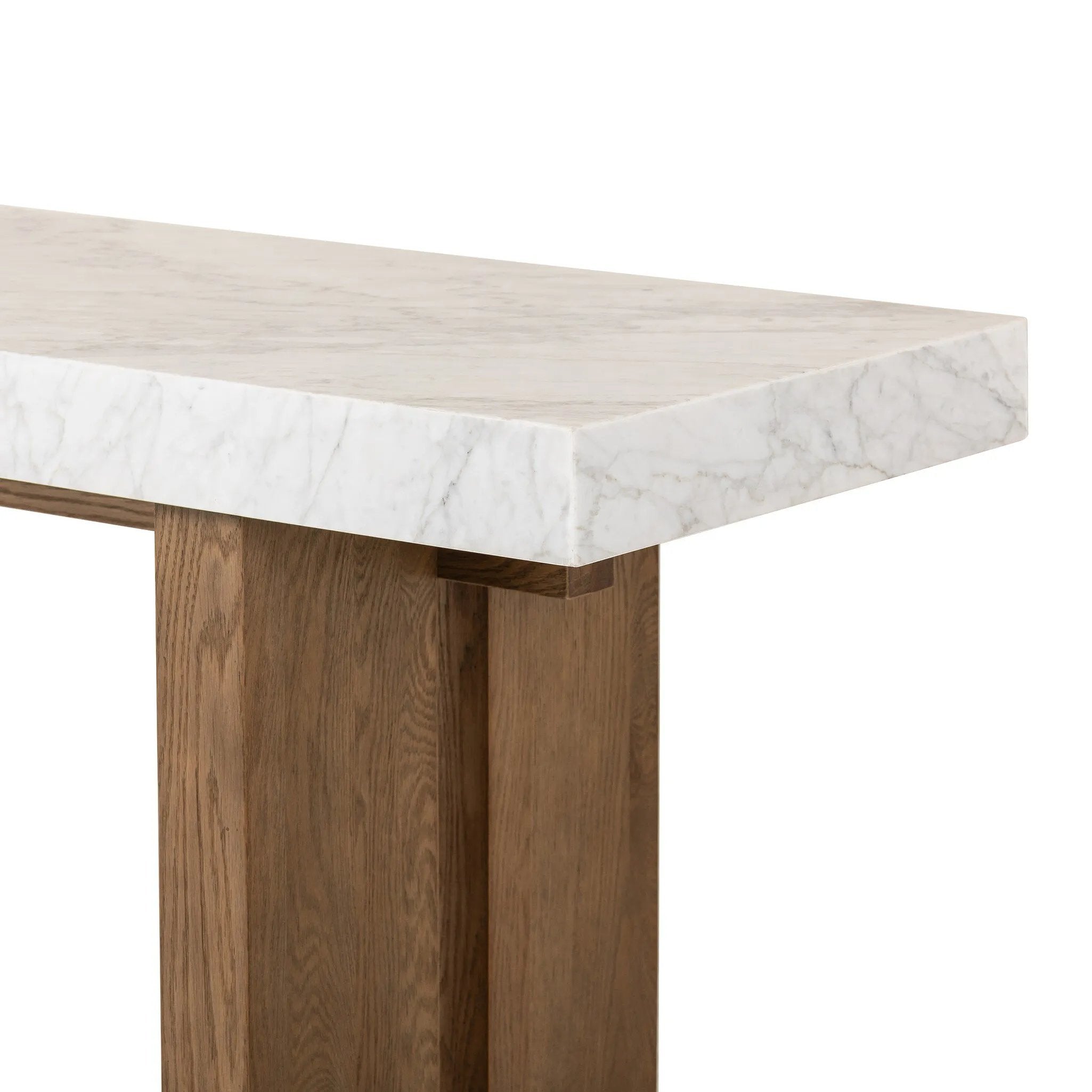 Structured and geometric, an open-style console table pairs smoked oak veneer with white marble, for a sophisticated material mix.Collection: Hughe Amethyst Home provides interior design, new home construction design consulting, vintage area rugs, and lighting in the Park City metro area.