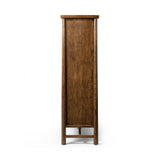 A beautifully simple statement piece. This three-door cabinet is crafted from a mix of solid oak and veneer in a dark toasted finish. Details include subtle, tapered corner posts and minimal rounded door knobs.Collection: Well Amethyst Home provides interior design, new home construction design consulting, vintage area rugs, and lighting in the Dallas metro area.