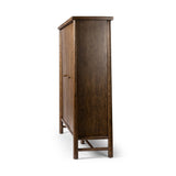 A beautifully simple statement piece. This three-door cabinet is crafted from a mix of solid oak and veneer in a dark toasted finish. Details include subtle, tapered corner posts and minimal rounded door knobs.Collection: Well Amethyst Home provides interior design, new home construction design consulting, vintage area rugs, and lighting in the Omaha metro area.