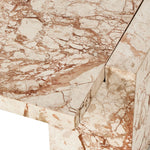 Solid marble sheets are laminated to create cubed cradle bases for a thick-cut tabletop. Heavy veining and natural swirls speak to the nature of marble, with each piece being entirely unique.Collection: Elemen Amethyst Home provides interior design, new home construction design consulting, vintage area rugs, and lighting in the Washington metro area.