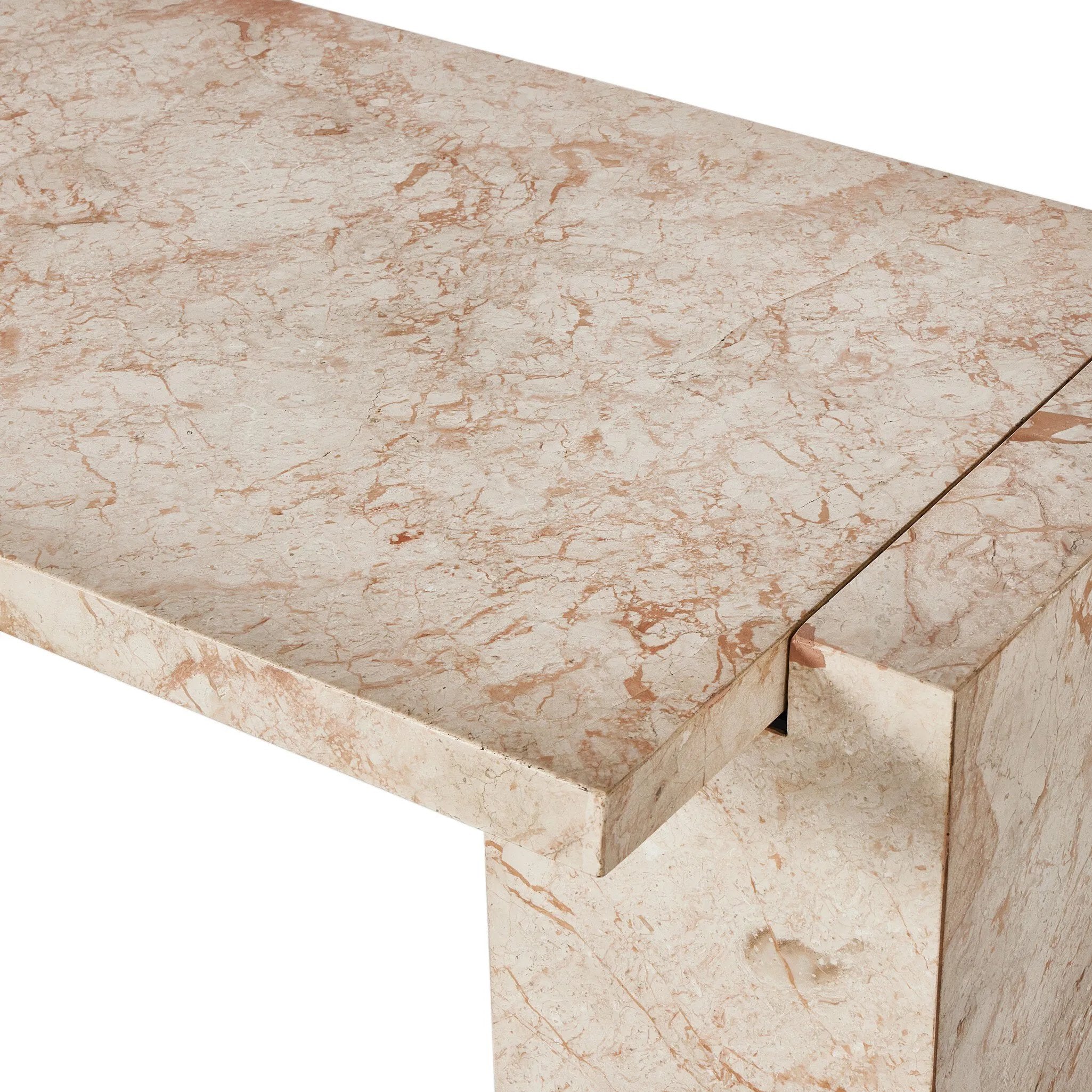 Solid marble sheets are laminated to create cubed cradle bases for a thick-cut tabletop. Heavy veining and natural swirls speak to the nature of marble, with each piece being entirely unique.Collection: Elemen Amethyst Home provides interior design, new home construction design consulting, vintage area rugs, and lighting in the Nashville metro area.