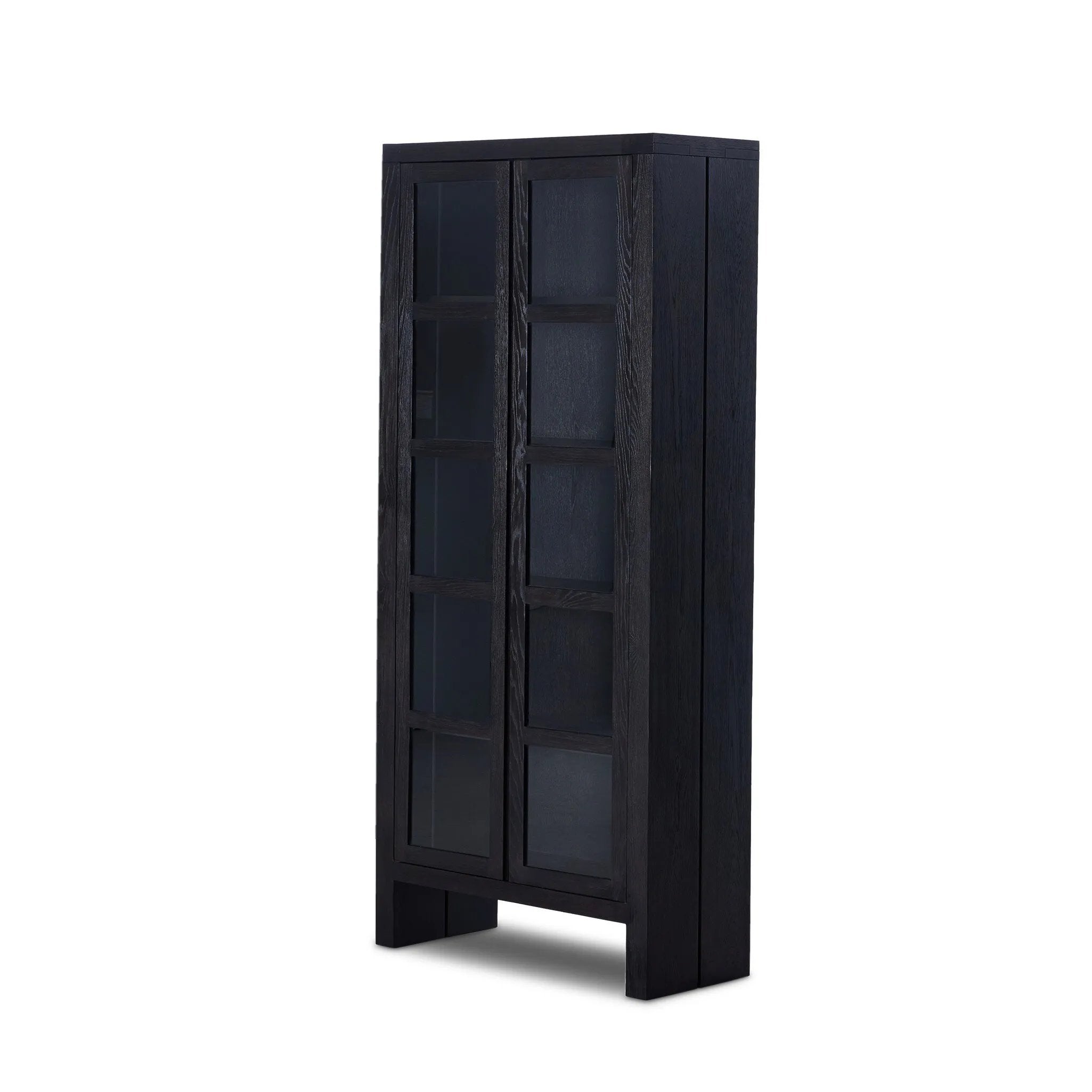 This minimal-inspired bookcase is crafted from a mix of solid oak and worn black veneer. Featuring glass-front doors and spacious shelves for storage and display.Collection: Bennet Amethyst Home provides interior design, new home construction design consulting, vintage area rugs, and lighting in the Calabasas metro area.