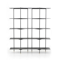 Modern industrial design gets softened by fine lines with this Vito Bookshelf. Wide planks of distressed iron offer plenty of space for the display of books and treasured items. Brass-capped feet add a feminine finishing touch.  Available September 2020!  Overall Dimensions: 63"w x 16.5"d x 71"h Materials: Iron