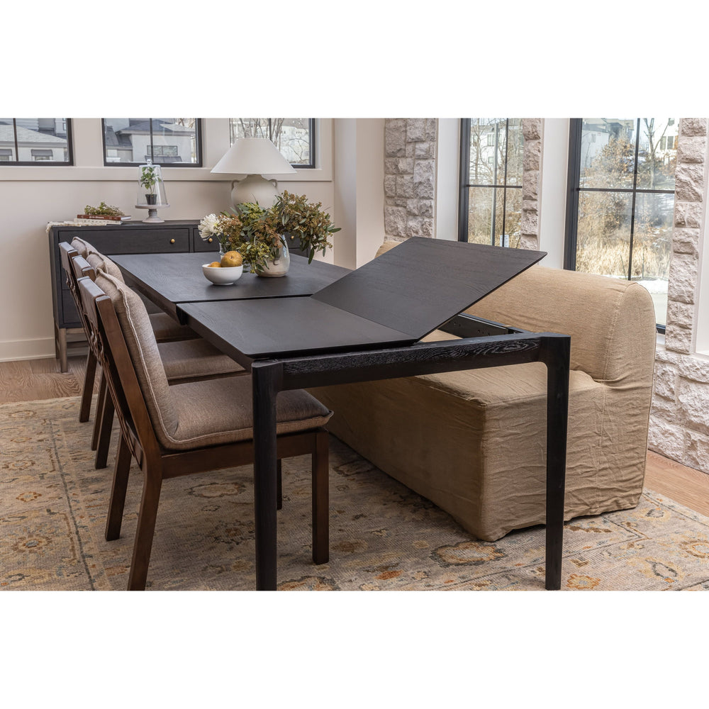 Featuring Oak Bok Extendable Dining Table - Black by Ethnicraft at Amethyst Home. This Oak Bok Extendable Dining Table is perfect for families who want extra space when their kids, extended family, or guests come to celebrate! Its airy shape yet rock solid construction make this piece a timeless and remarkable design to enjoy for years to come.
Dimensions 55.5.  Amethyst Home provides interior design, new home construction design consulting, vintage area rugs, and lighting in the Omaha metro area.