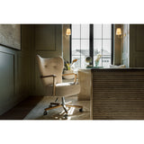 Featuring Melrose Sheepskin Camel Desk Chair by Four Hands at Amethyst Home. A comfort-driven desk chair features soft, textural upholstery in a versatile camel, framed by solid ash arms. A height-adjustable swivel base with casters makes for ease in the modern office.Overall Dimensions: 24.50"W x 27.25"L x 40"HColors: Amber Ash, Polished Aluminum, Sheepski. Amethyst Home provides interior design, new home construction design consulting, vintage area rugs, and lighting in the Charlotte metro area.