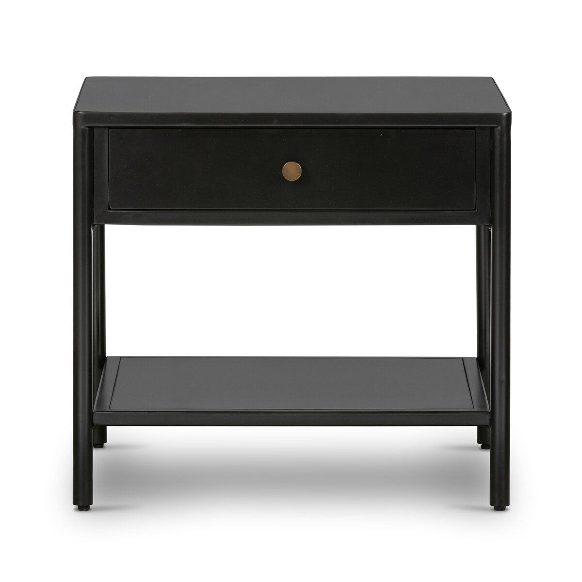 Featuring Soto Black End Table by Four Hands at Amethyst Home. Work a softened industrial look into the bedroom with a simple black-finished iron console table featuring bronzed iron hardware for modernity. A single drawers and open lower shelving bring bonus storage to the bedside.
Size: 22"w x 20"d x 20"h. Amethyst Home provides interior design, new home construction design consulting, vintage area rugs, and lighting in the Nashville metro area.