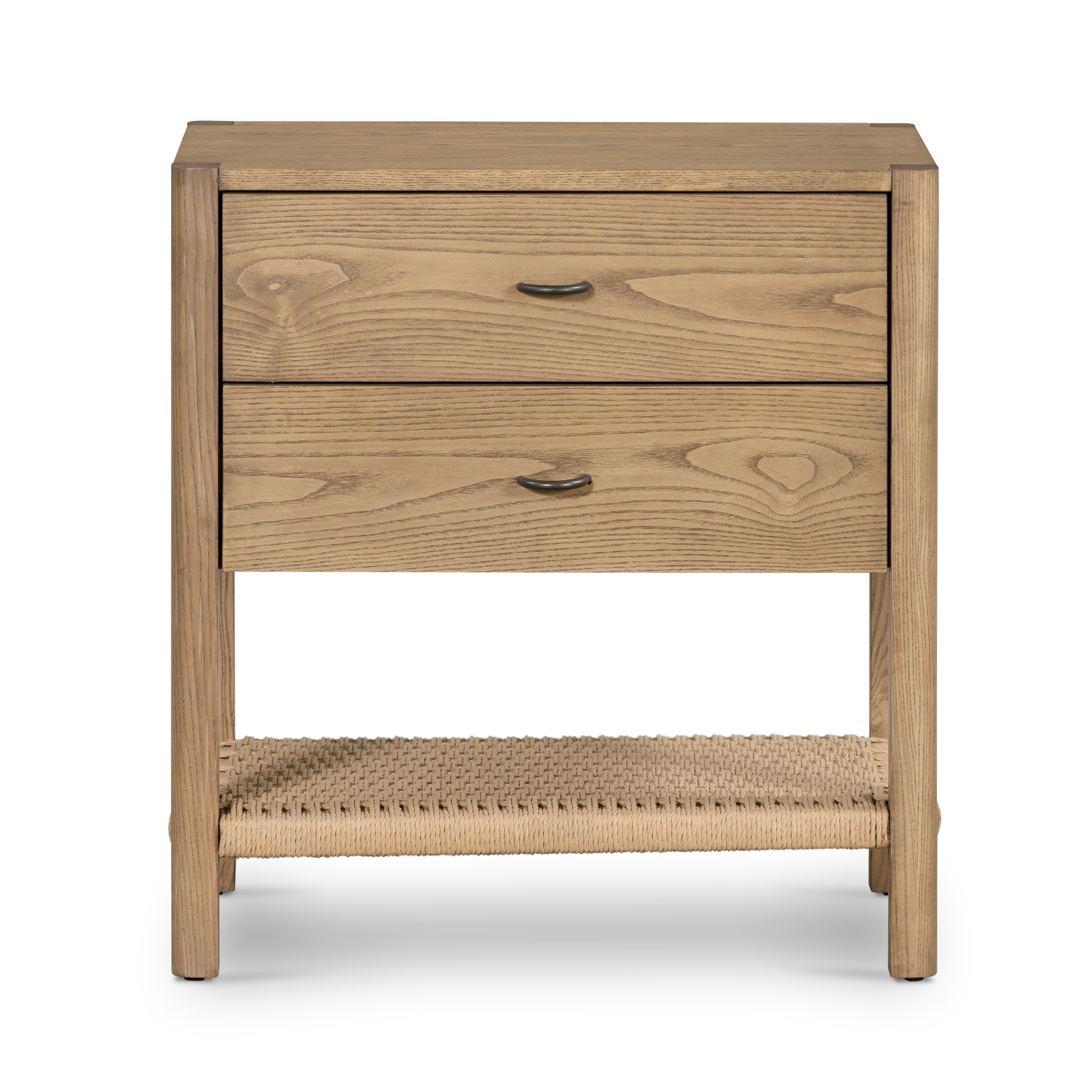 Simple yet refined, a Danish design-influenced nightstand is made from solid ash, with iron hardware finished in a sleek gunmetal. Dual drawers bring generous storage space to the bedside, while stretcher-style shelving made from woven paper cord doles a textural finishing touch.