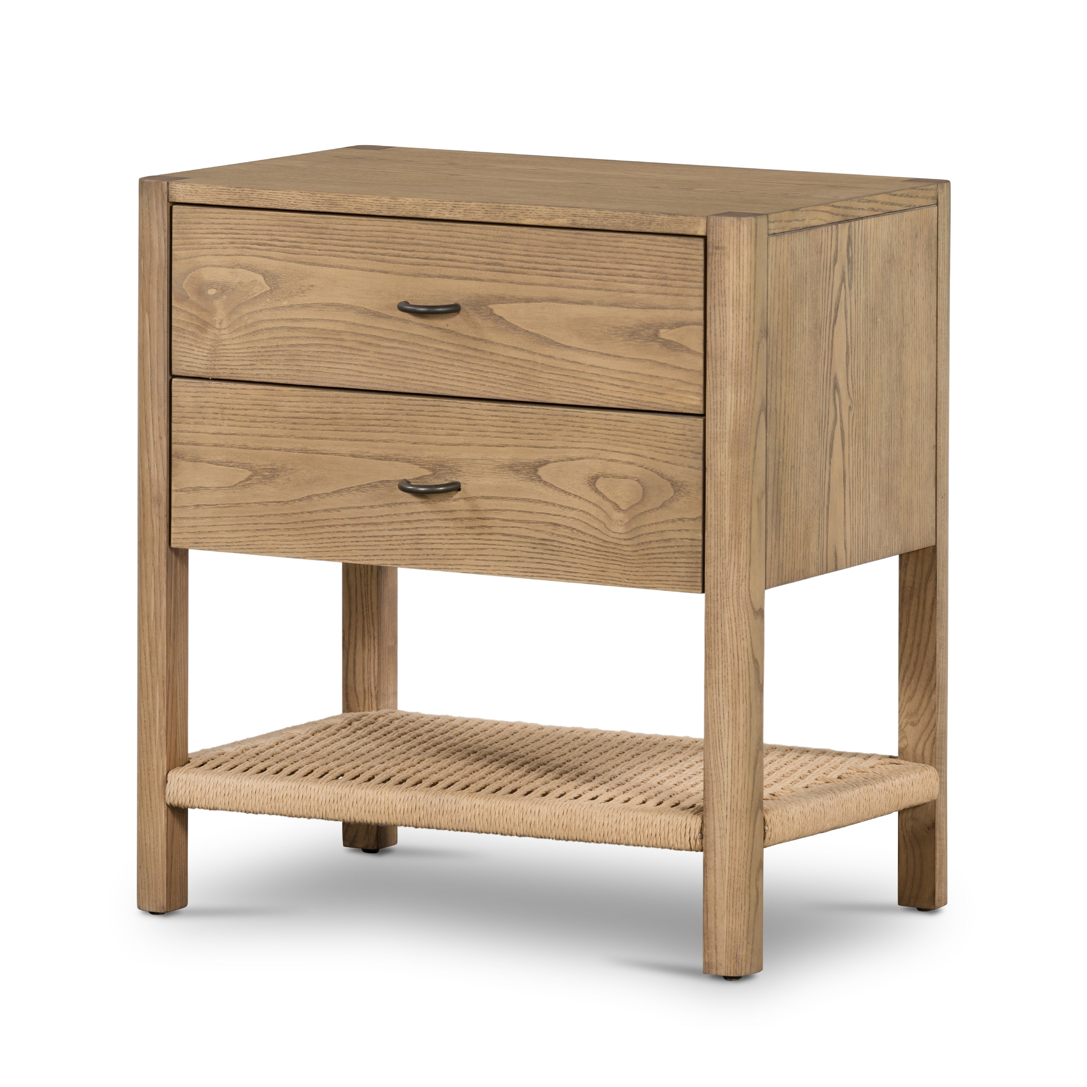 Simple yet refined, a Danish design-influenced nightstand is made from solid ash, with iron hardware finished in a sleek gunmetal. Dual drawers bring generous storage space to the bedside, while stretcher-style shelving made from woven paper cord doles a textural finishing touch.