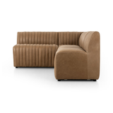 Featuring Augustine Palermo Drift Dining Banquette L Shape 91.5" by Four Hands at Amethyst Home. The beauty of this modular piece is that the vertical channeling makes for a cohesive feel despite being modular.  Welcome to your new favorite nook for morning coffee. An L-shaped dining banquette is upholstered in tan top-grain leather with a beautifully prono. Amethyst Home provides interior design, new home construction design consulting, vintage area rugs, and lighting in the Calabasas metro area.