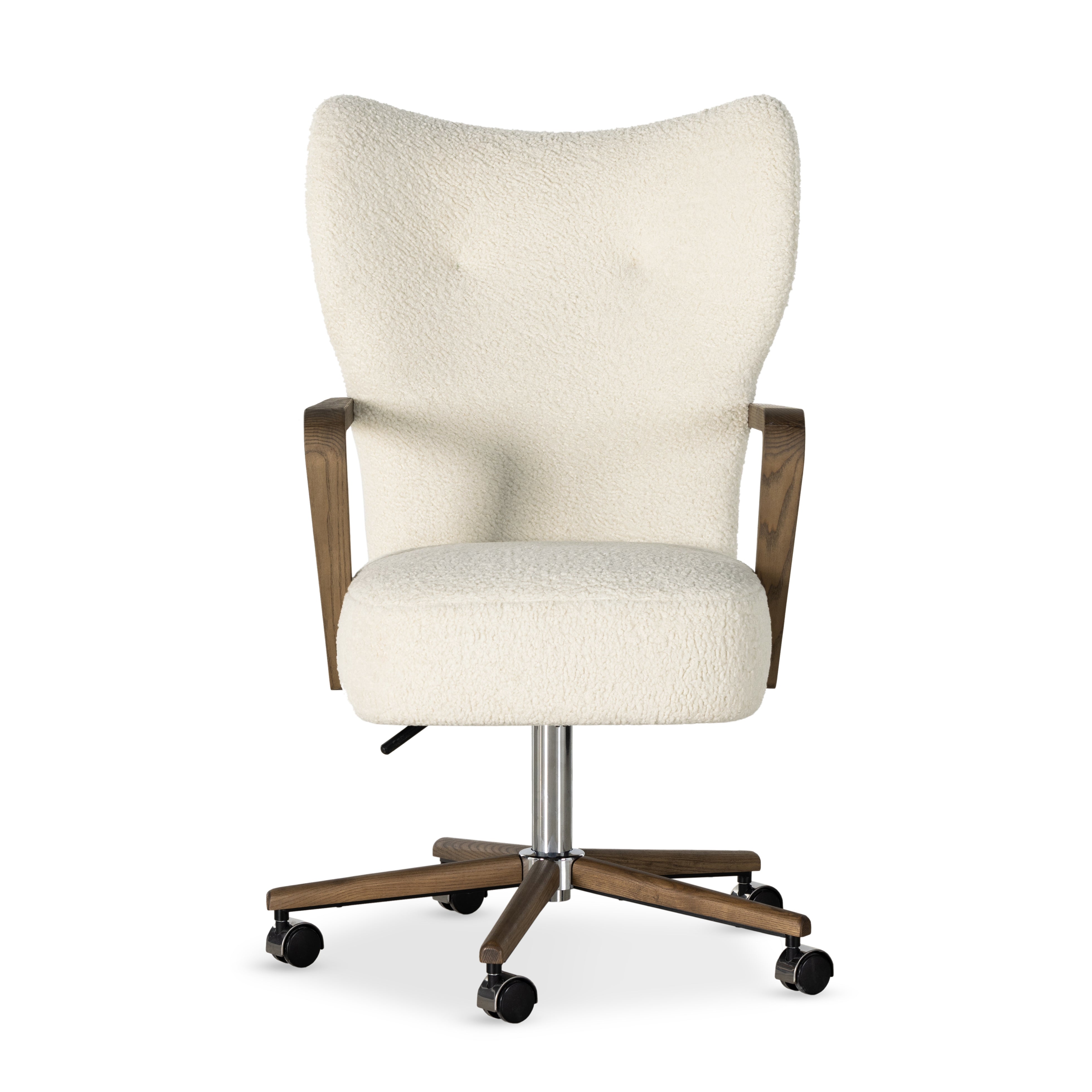 A comfort-driven desk chair features soft, textural upholstery, framed by solid ash arms. A height-adjustable swivel base with casters makes for ease in the modern office. Amethyst Home provides interior design, new home construction design consulting, vintage area rugs, and lighting in the Salt Lake City metro area.