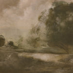 Featuring Peace 1.0 Brimfield Black Like A River #3 by Hannah Winters by Four Hands at Amethyst Home. Alabama painter Hannah Winters finds inspiration in vintage landscapes, working with oil paint and an array of materials to texturize her ethereal pieces. Finished within a decorative Brimfield black frame of naturally distressed painted pine. Handmade in Aus.  Amethyst Home provides interior design, new home construction design consulting, vintage area rugs, and lighting in the Dallas metro area.