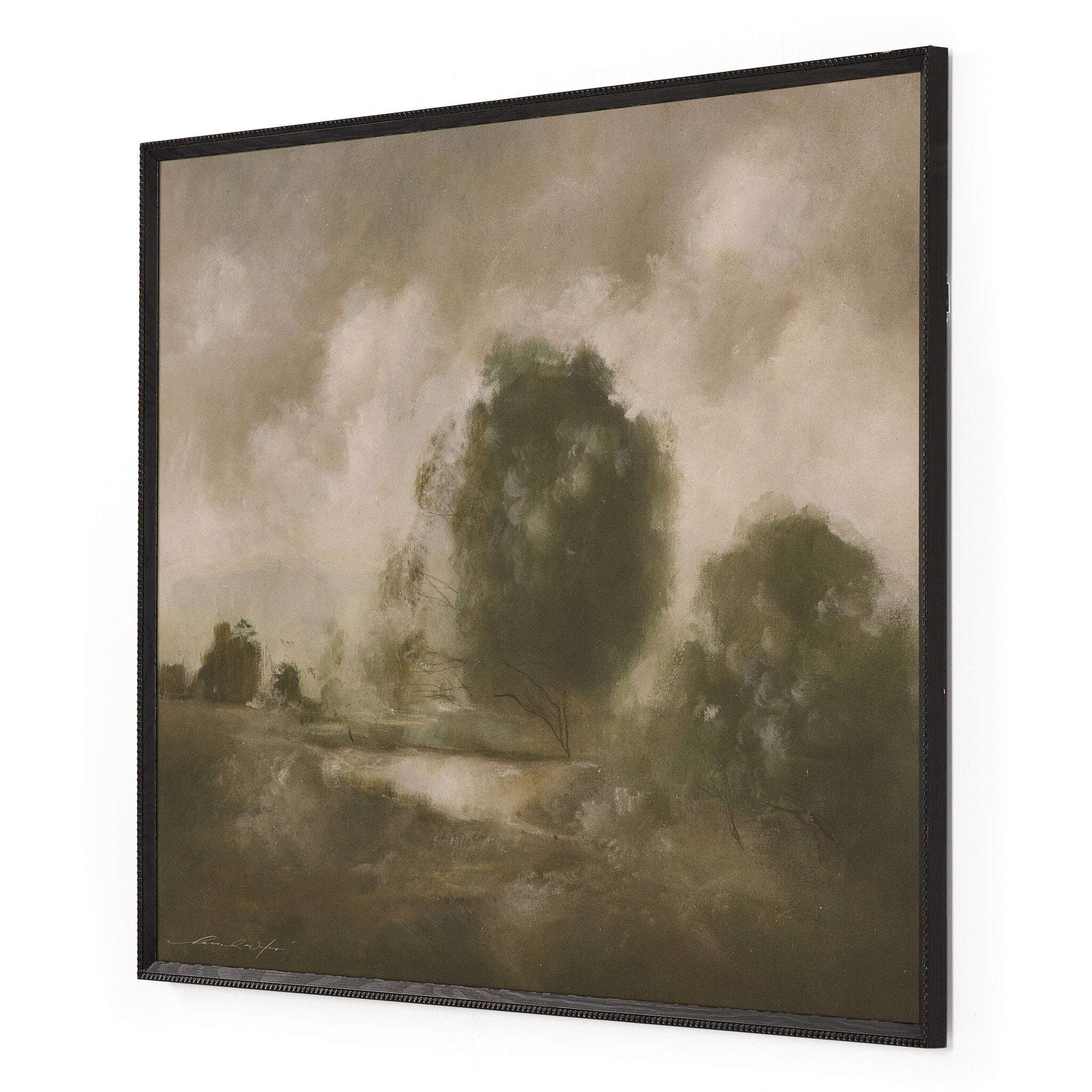 Featuring Peace 1.0 Brimfield Black Like A River #3 by Hannah Winters by Four Hands at Amethyst Home. Alabama painter Hannah Winters finds inspiration in vintage landscapes, working with oil paint and an array of materials to texturize her ethereal pieces. Finished within a decorative Brimfield black frame of naturally distressed painted pine. Handmade in Aus.  Amethyst Home provides interior design, new home construction design consulting, vintage area rugs, and lighting in the Dallas metro area.