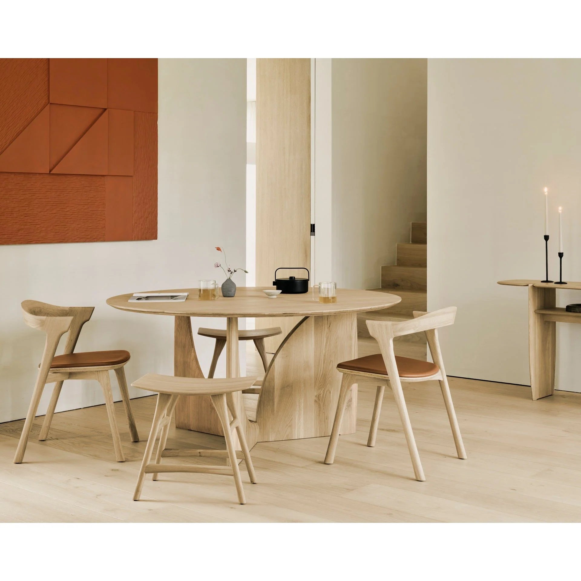 Geometric Oak Round Table, Osso stool and Bok chair