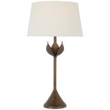 Featuring Alberto Large Table Lamp Antique Bronze Leaf by Visual Comfort at Amethyst Home. The Alberto by Julie Neill pays homage to artist Diego Giacometti through elegant floral forms. Flowers, alone or in groups, bloom with intricate petals that explore the beauty of plaster as a sculptural material lending itself to this down-to-earth texture completed by a variety of metallic. Amethyst Home provides interior design, new construction, custom furniture, and area rugs in the Charlotte metro area