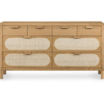 Featuring Allegra 8 Drawer Dresser - Natural Cane by Four Hands at Amethyst Home. This Allegra 8 Drawer Dresser - Natural Cane is made of a gorgeous, honey-finished oak. With eight spacious drawers and wood-backed cane paneling, the soft, neutral look brings to life to any bedroom. 
Overall Dimensions: 61"W x 18"L x 33"H
Colors: Honey Oak Veneer, Light Natura.  Amethyst Home provides interior design, new home construction design consulting, vintage area rugs, and lighting in the Boston metro area.