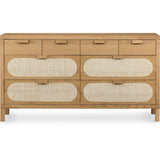Featuring Allegra 8 Drawer Dresser - Natural Cane by Four Hands at Amethyst Home. This Allegra 8 Drawer Dresser - Natural Cane is made of a gorgeous, honey-finished oak. With eight spacious drawers and wood-backed cane paneling, the soft, neutral look brings to life to any bedroom. 
Overall Dimensions: 61"W x 18"L x 33"H
Colors: Honey Oak Veneer, Light Natura.  Amethyst Home provides interior design, new home construction design consulting, vintage area rugs, and lighting in the Boston metro area.