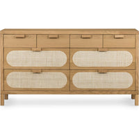 Featuring Allegra 8 Drawer Dresser - Natural Cane by Four Hands at Amethyst Home. This Allegra 8 Drawer Dresser - Natural Cane is made of a gorgeous, honey-finished oak. With eight spacious drawers and wood-backed cane paneling, the soft, neutral look brings to life to any bedroom. 
Overall Dimensions: 61"W x 18"L x 33"H
Colors: Honey Oak Veneer, Light Natura.  Amethyst Home provides interior design, new home construction design consulting, vintage area rugs, and lighting in the Boston metro area.