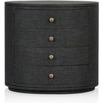 Featuring Amelia Black Linen Oval Nightstand by Four Hands at Amethyst Home. Uniquely made from black-painted linen, a beautifully curved nightstand shapes four drawers for generous bedside storage.Overall Dimensions: 26.00"w x 20.00"d x 24.00"hWeight : 87.08 lbsMaterials: Painted Linen, Engineered Hardwood. Amethyst Home provides interior design, new home construction design consulting, vintage area rugs, and lighting in the Scottsdale metro area.