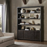 Featuring Arlington Espresso Oak Veneer Bookcase by Four Hands at Amethyst Home. Refined industrial style defines this wide bookcase. Dark oak shelving pairs with coffee-finished iron doors, for storage and display. Four open tiers for books and cherished items, while an open back adds lightness.Overall Dimensions: 68.50"w x 20.00"d x 88.00"hWeight : 326.39 lbsMaterials : Oak Vene. Amethyst Home provides interior design, new construction, custom furniture, and area rugs in the Charlotte metro area