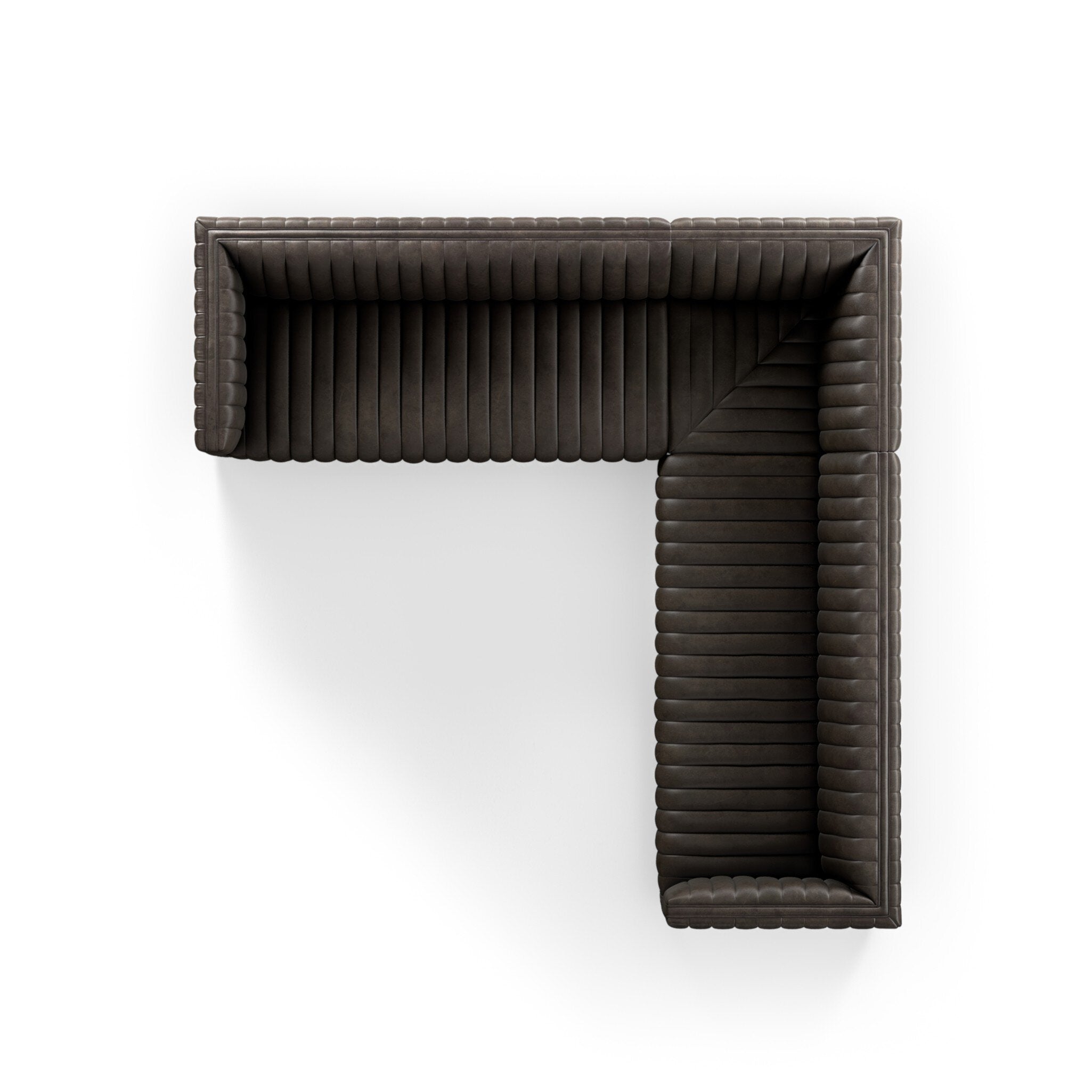 Featuring Augustine Deacon Wolf 3-Piece Sectional by Four Hands at Amethyst Home. A dramatically channeled sofa wrapped in dark top grain leather creates a mature, clean look inspired by modern menswear. This three-piece sectional is perfectly sized for smaller spaces.105"Overall Dimensions: 105.50"w x 105.50"d x 26.50"hWeight: 249.13 lbs126"Overall Dimensions: 125.50"w x 125.50"d x 2. Amethyst Home provides interior design, new construction, custom furniture, and area rugs in the Omaha metro area