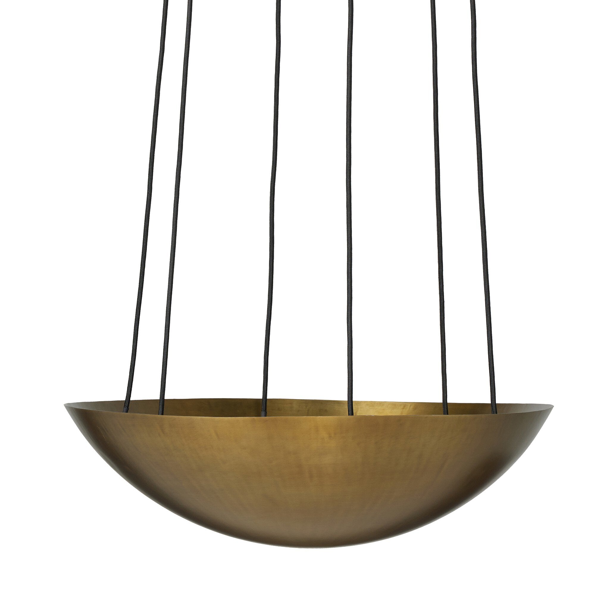 Featuring Branson Aged Brass Iron Chandelier by Four Hands at Amethyst Home. A wide, shallow bowl in aged brass with six sockets, diffusing light upward for an ambient glow. Suspended by six sleek cords, its streamlined design eschews traditional tension wires for a clean silhouette.Overall Dimensions: 26.00"w x 26.00"d x 7.75"hWeight : 17.09 lbsMaterials : Iron, Thermoplastic. Amethyst Home provides interior design, new construction, custom furniture, and area rugs in the Winter Garden metro area
