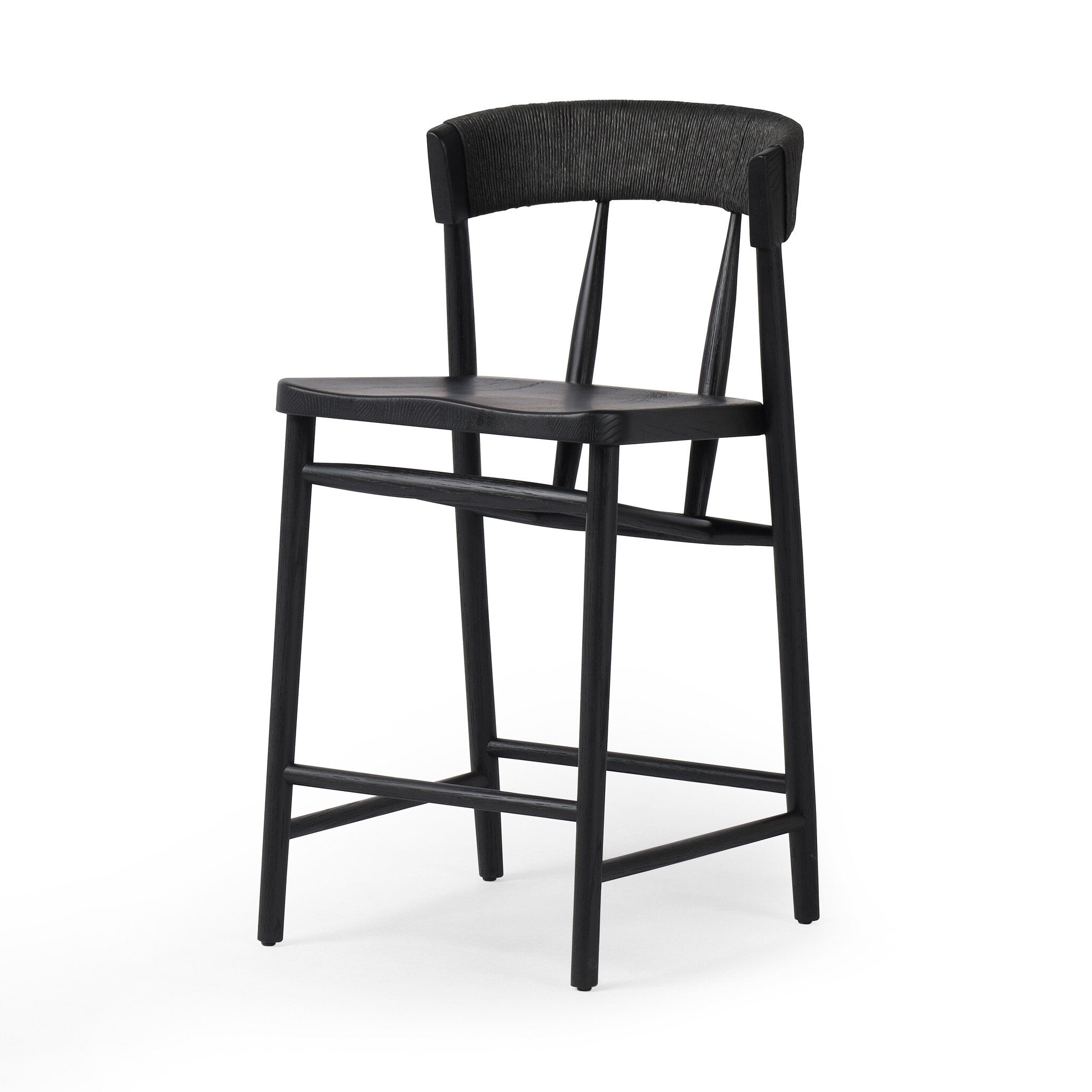 Featuring Buxton Black Rush Bar + Counter Stool by Four Hands at Amethyst Home. A solid oak counter stool defined by tapered legs and framing gives an updated look to the classic whistler chair. Finished with a paper rush wrapped detail on the back.BarOverall Dimensions: 19.25"w x 22.25"d x 42.75"hWeight: 23.70 lbsCounterOverall Dimensions: 19.50"w x 22.25"d x 38.75"hWeight: 21.61 l. Amethyst Home provides interior design, new construction, custom furniture, and area rugs in the Seattle metro area