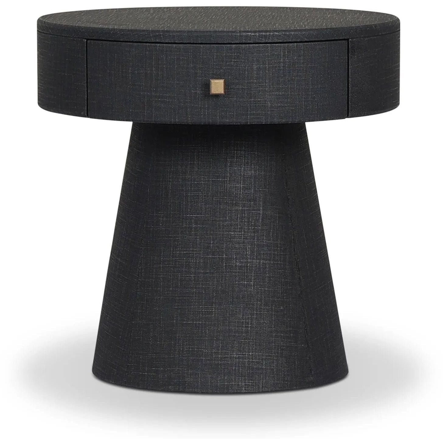 Wrapped in black painted linen, a rounded nightstand features a single drawer and tapered pedestal base, bringing texture plus storage to the bedside Amethyst Home provides interior design, new home construction design consulting, vintage area rugs, and lighting in the Omaha metro area.