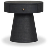 Wrapped in black painted linen, a rounded nightstand features a single drawer and tapered pedestal base, bringing texture plus storage to the bedside Amethyst Home provides interior design, new home construction design consulting, vintage area rugs, and lighting in the Omaha metro area.