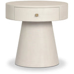 Wrapped in ivory painted linen, a rounded nightstand features a single drawer and tapered pedestal base, bringing crisp texture plus storage to the bedside Amethyst Home provides interior design, new home construction design consulting, vintage area rugs, and lighting in the Scottsdale metro area.