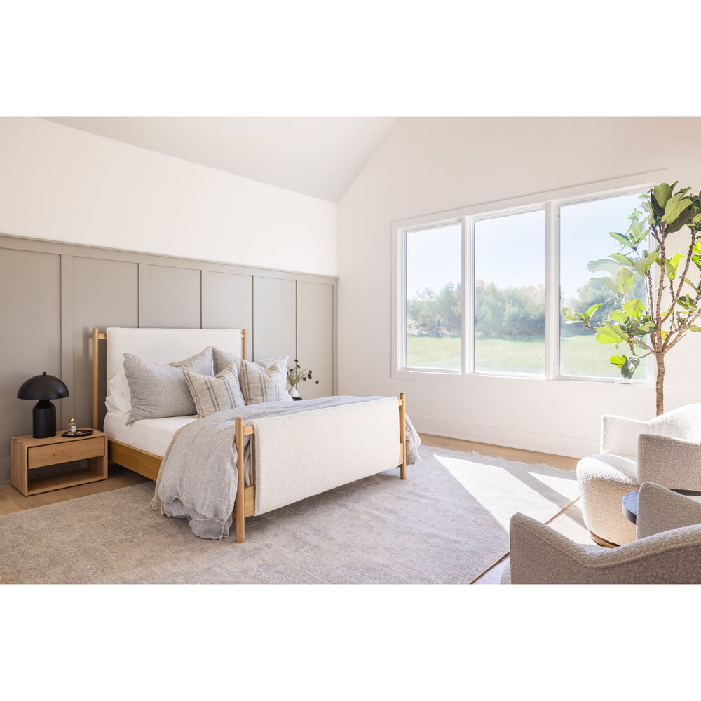 Featuring Bowen Bed by Four Hands at Amethyst Home. Bring a cozy hygge vibe to the bedroom with this textured Bowen Bed. Framed by light-finished solid oak, a sling-style bed features faux shearling head and foot boards -- sure to elevate any bedroom. 
Queen Overall Dimensions: 64.25"W x 87.25"L x 48"HKing Overall Dimensions: 80.25"W x 88.50"L x 48"H
Colors:. Amethyst Home provides interior design, new home construction design consulting, vintage area rugs, and lighting in the Monterey metro area.