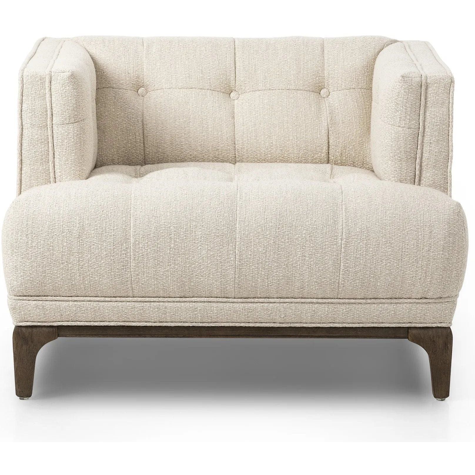 Featuring Dylan Kerbey Taupe Chair by Four Hands at Amethyst Home. Overall Dimensions: 34.75"w x 34.75"d x 25.25"hWeight : 57.54 lbsMaterials: 96% Polyester, 4% Acrylic, Solid Parawood. Amethyst Home provides interior design, new home construction design consulting, vintage area rugs, and lighting in the Omaha metro area.