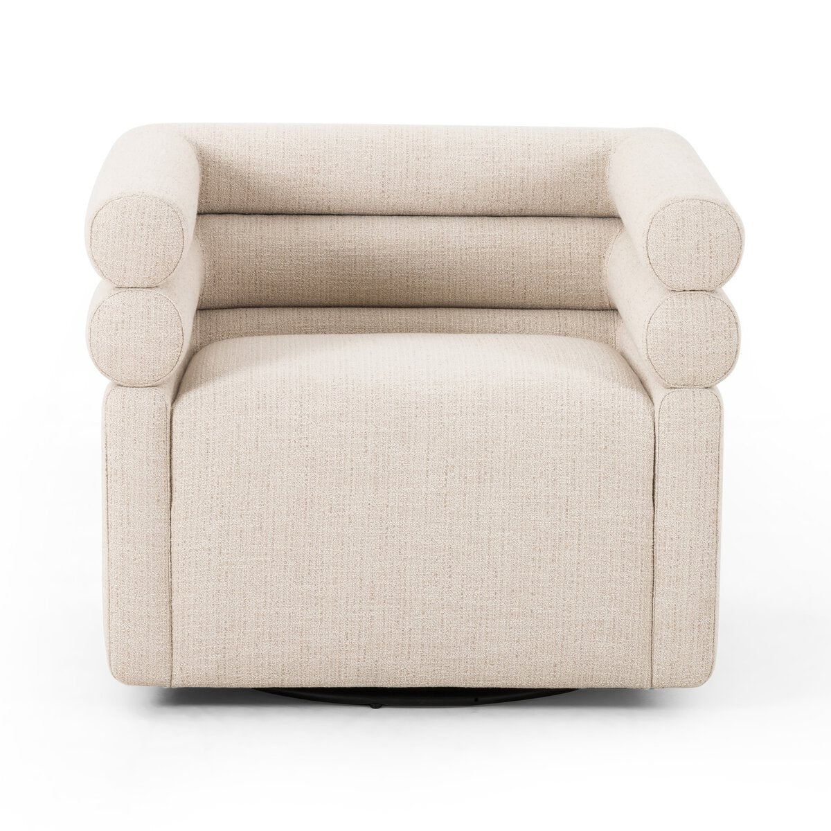 Featuring Evie Hampton Cream Swivel Chair by Four Hands at Amethyst Home. Atop a 360-degree swivel, cleanly shaped seating is upholstered in cream-colored performance fabric, for a sensible spin on modern styling.Overall Dimensions: 32.25"w x 30.00"d x 26.75"hWeight : 87.08 lbsMaterials : 97% Polyester, 2% Viscose (Rayon), 1% Flax/Linen, Poplar Plywood, 100% Polyester. Amethyst Home provides interior design, new construction, custom furniture, and area rugs in the Washington metro area
