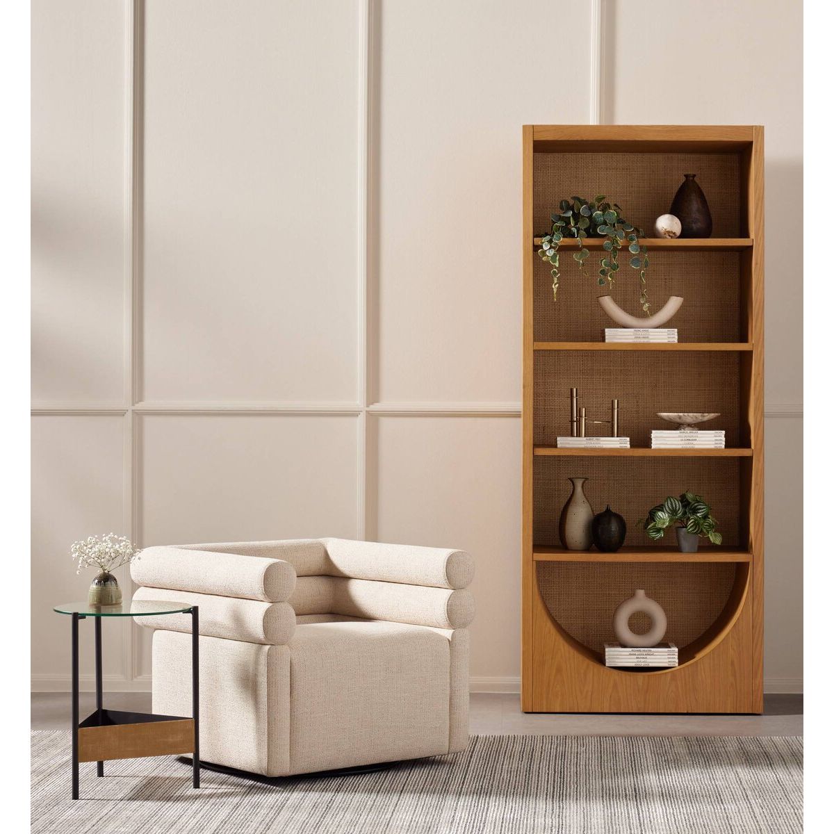 Featuring Evie Hampton Cream Swivel Chair by Four Hands at Amethyst Home. Atop a 360-degree swivel, cleanly shaped seating is upholstered in cream-colored performance fabric, for a sensible spin on modern styling.Overall Dimensions: 32.25"w x 30.00"d x 26.75"hWeight : 87.08 lbsMaterials : 97% Polyester, 2% Viscose (Rayon), 1% Flax/Linen, Poplar Plywood, 100% Polyester. Amethyst Home provides interior design, new construction, custom furniture, and area rugs in the Washington metro area