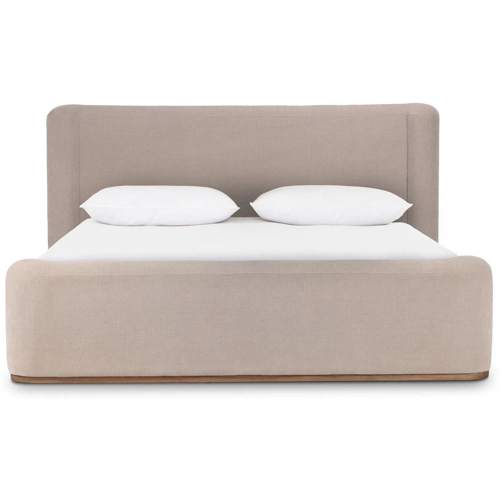 Featuring Fane Holland Sand Bed by Four Hands at Amethyst Home. A transitional style to complement your collection, sheltered head and footboards shape a soft, contour-inspired silhouette, grounded by a plinth ash base. With clean lines and all-around cushioning, this upholstered bed brings an inviting look to the bedroom. Overall Dimensions: Queen:
74.00"w. Amethyst Home provides interior design, new home construction design consulting, vintage area rugs, and lighting in the Calabasas metro area.