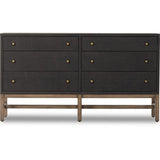 Featuring Fiona Russet Mahogany 6 Drawer Dresser by Four Hands at Amethyst Home. Woven black raffia offers a texture-driven take on bedroom storage. Antique brass-finished iron hardware adorns six spacious drawers, all supported by a solid mahogany base.Overall Dimensions: 62.00"w x 17.00"d x 34.00"hWeight : 181.22 lbsMaterials : Solid Mahogany, Sugar Palm. Amethyst Home provides interior design, new home construction design consulting, vintage area rugs, and lighting in the Washington metro area.