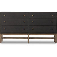 Featuring Fiona Russet Mahogany 6 Drawer Dresser by Four Hands at Amethyst Home. Woven black raffia offers a texture-driven take on bedroom storage. Antique brass-finished iron hardware adorns six spacious drawers, all supported by a solid mahogany base.Overall Dimensions: 62.00"w x 17.00"d x 34.00"hWeight : 181.22 lbsMaterials : Solid Mahogany, Sugar Palm. Amethyst Home provides interior design, new home construction design consulting, vintage area rugs, and lighting in the Washington metro area.
