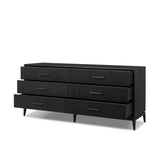 As fans of modern materials at Amethyst, we love the optimistic inspired Rosenell 6 Drawer Dresser - Black Paper Cord. This item pairs well with other brands such as Four Hands and is perfect for loft homes Amethyst Home provides interior design, new home construction design consulting, vintage area rugs, and lighting in the Portland metro area.