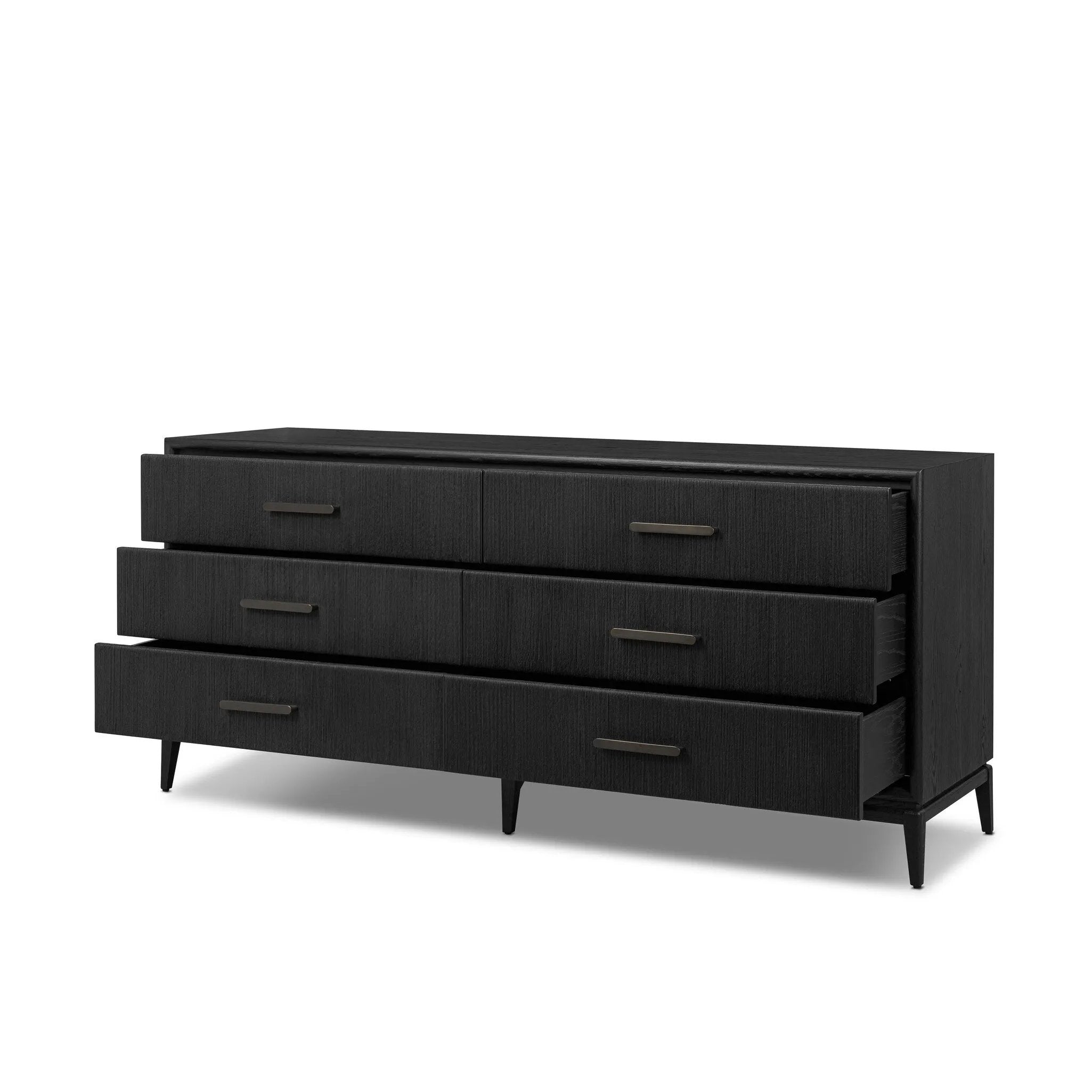 As fans of modern materials at Amethyst, we love the optimistic inspired Rosenell 6 Drawer Dresser - Black Paper Cord. This item pairs well with other brands such as Four Hands and is perfect for loft homes Amethyst Home provides interior design, new home construction design consulting, vintage area rugs, and lighting in the Portland metro area.