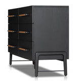 The ebony oak of this Rosedale 6 Drawer Dresser brings a moody, darkness to any room. With six spacious drawers and iron hardware wrapped in a gorgeous, tan leather, this is a functional and beautiful piece to add to your bedroom or other area.  Amethyst Home provides interior design, new home construction design consulting, vintage area rugs, and lighting in the Portland metro area.