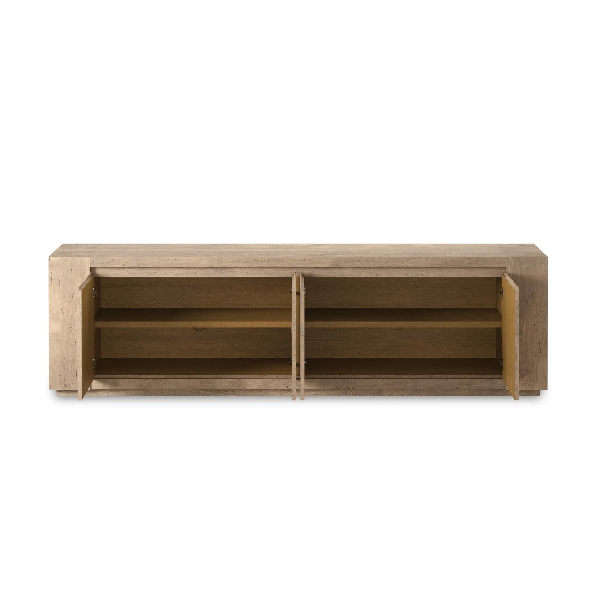 Made from thick-cut oak veneer with a rustic finish, this spacious media console features a pedestal base and dovetail joinery detailing.As lovers of clean aesthetics at Amethyst, we love the warm modern inspired Abaso Media Console - Whitewash Rustic Wormwood Oak. Amethyst Home provides interior design, new home construction design consulting, vintage area rugs, and lighting in the Des Moines metro area.