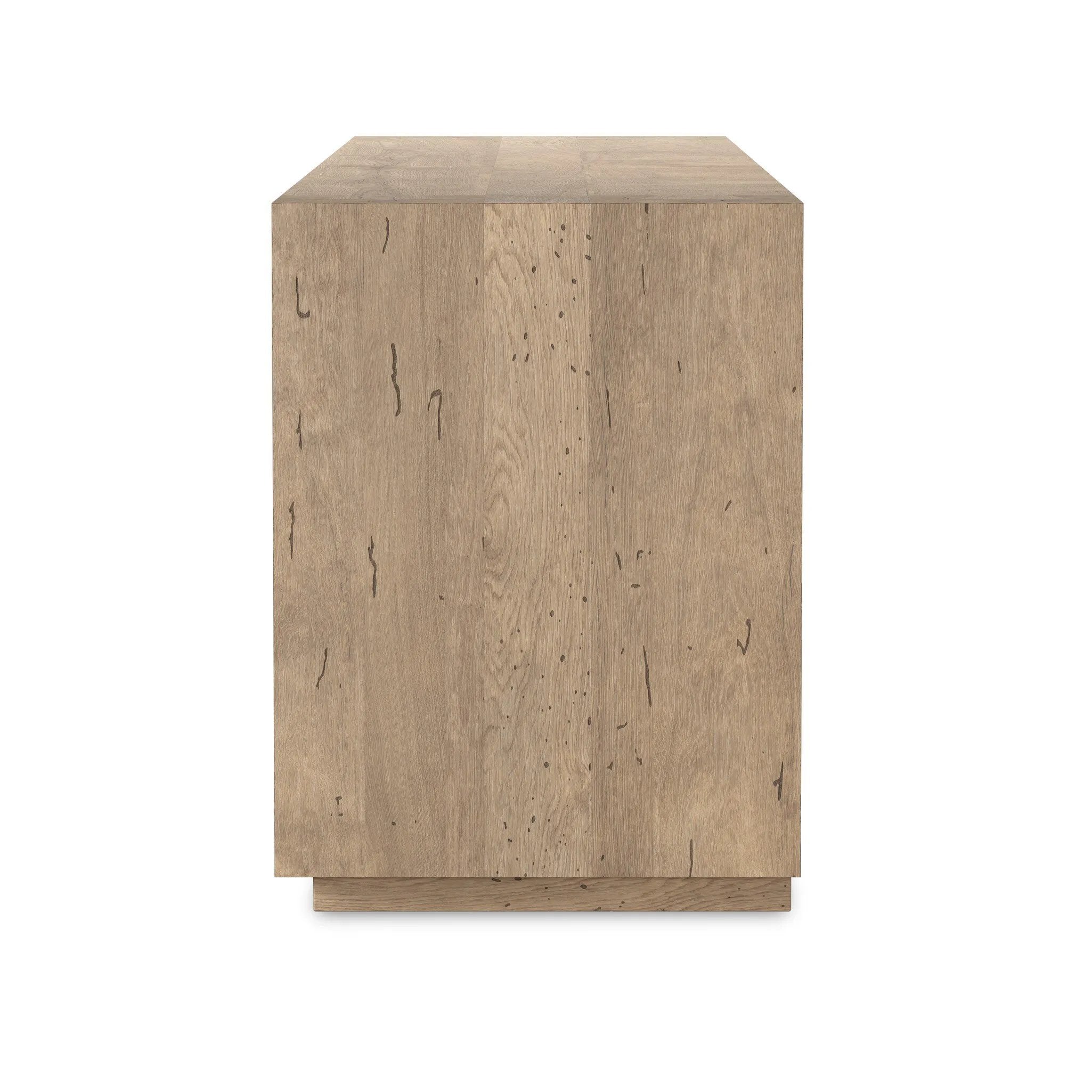 Made from thick-cut oak veneer with a rustic finish, this spacious media console features a pedestal base and dovetail joinery detailing.As lovers of clean aesthetics at Amethyst, we love the warm modern inspired Abaso Media Console - Whitewash Rustic Wormwood Oak. Amethyst Home provides interior design, new home construction design consulting, vintage area rugs, and lighting in the Seattle metro area.