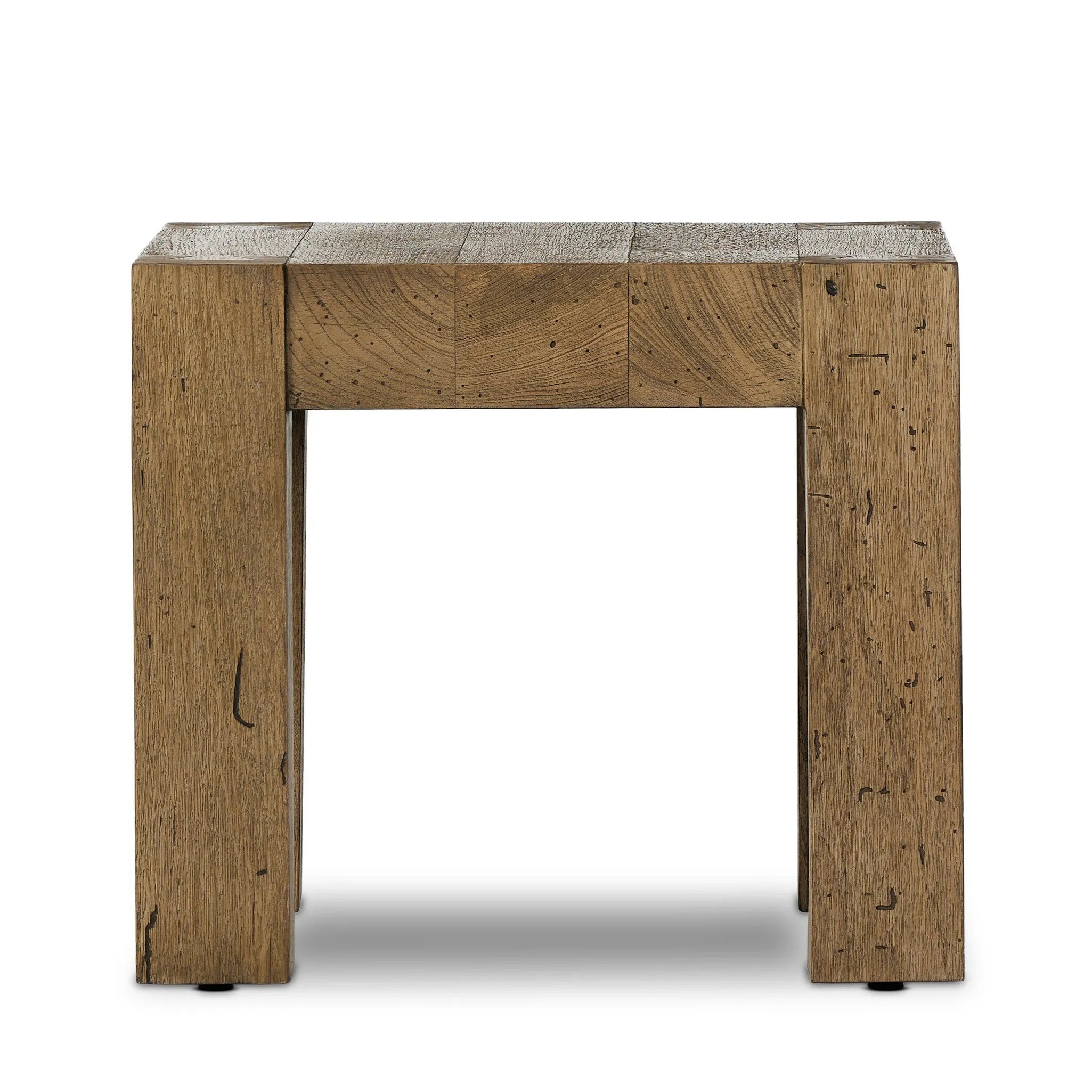 Made from thick-cut oak veneer with a faux rustic finish made to emulate wormwood, this end table features chunky squared legs and dovetail joinery detailing.Collection: Wesso Amethyst Home provides interior design, new home construction design consulting, vintage area rugs, and lighting in the Laguna Beach metro area.