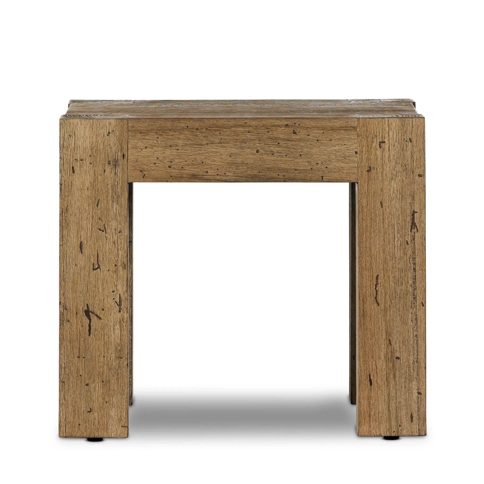 Made from thick-cut oak veneer with a faux rustic finish made to emulate wormwood, this end table features chunky squared legs and dovetail joinery detailing.Collection: Wesso Amethyst Home provides interior design, new home construction design consulting, vintage area rugs, and lighting in the Nashville metro area.
